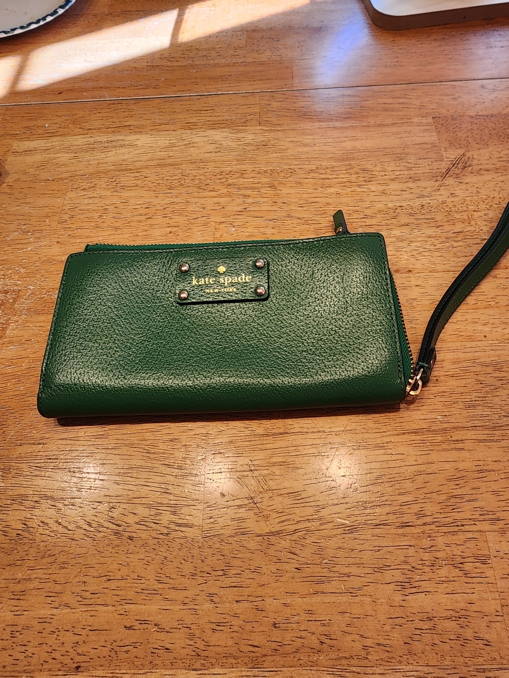 kate spade Green Leather Zip Wristlet with Gold Accents